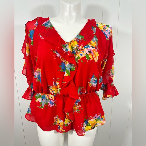 Polo Ralph Lauren Tops - Lauren Ralph Lauren Peplum Top Black Label size XL tropical red floral vneck